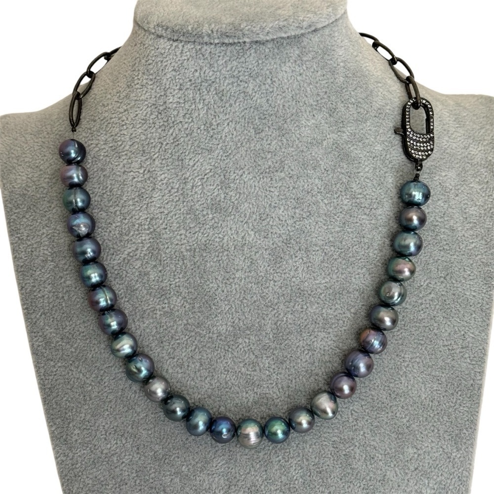 Artisan Black Sterling Silver Gray Pearl Metal Chain Diamond Necklace NEW - Picture 3 of 17